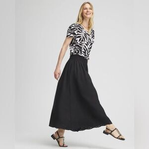 Chico’s Linen Embroidered Scallop Hem Skirt SZ 1 US 8 Elastic Waist Black